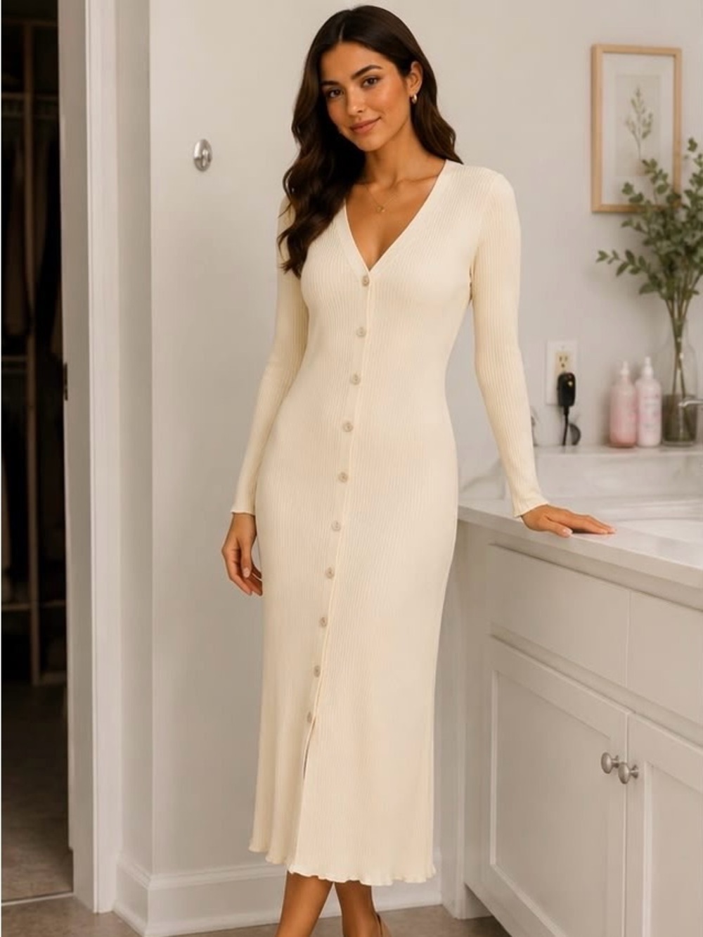 Women’s Ribbed Button-Front knit maxi dress